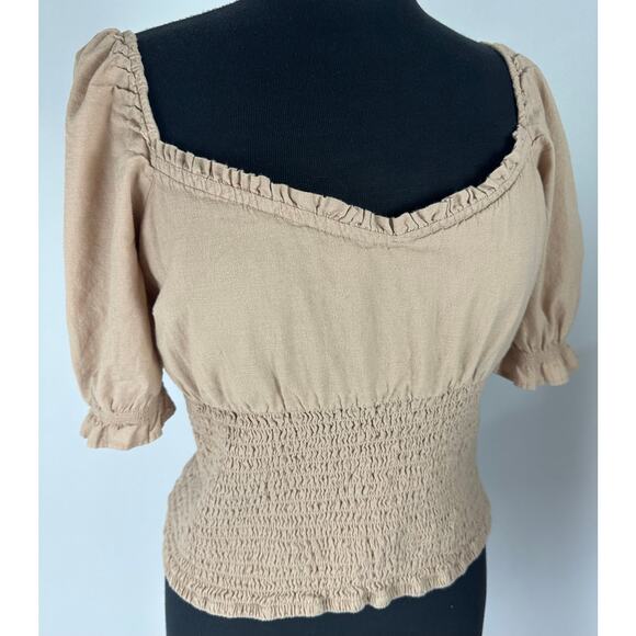 Abercrombie & Fitch Size XL Brown Puff Sleeve Smocked Crop Top Boho Y2K Women's - Picture 1 of 9